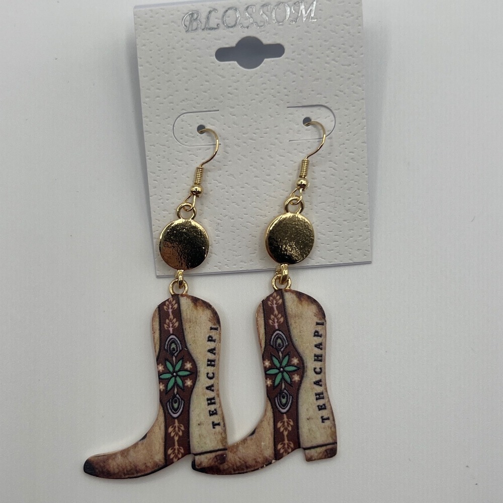 Blossom Tehachapi Cowboy Boot Drop Earrings Gold Tone Western Country Dangle